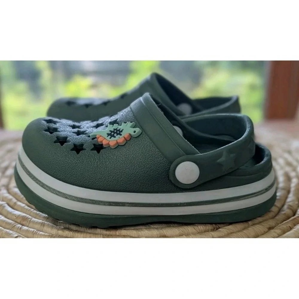 Khaki Slip-On Clogs Solid Round Toe Strap Accent Size 7 Unisex Dinosaur Charm